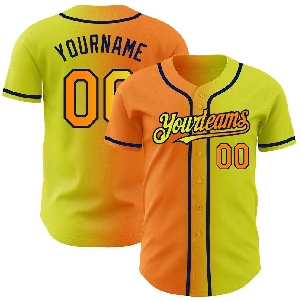 Neon Yellow Bay Orange-Navy Authentic Gradient Fashion Baseball Jersey, Custom Baseball Jersey, Personalized Sport Jersey