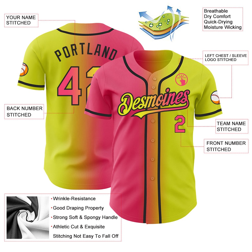 Neon Yellow Neon Pink-Black Authentic Gradient Fashion Baseball Jersey, Custom Baseball Jersey, Personalized Sport Jersey