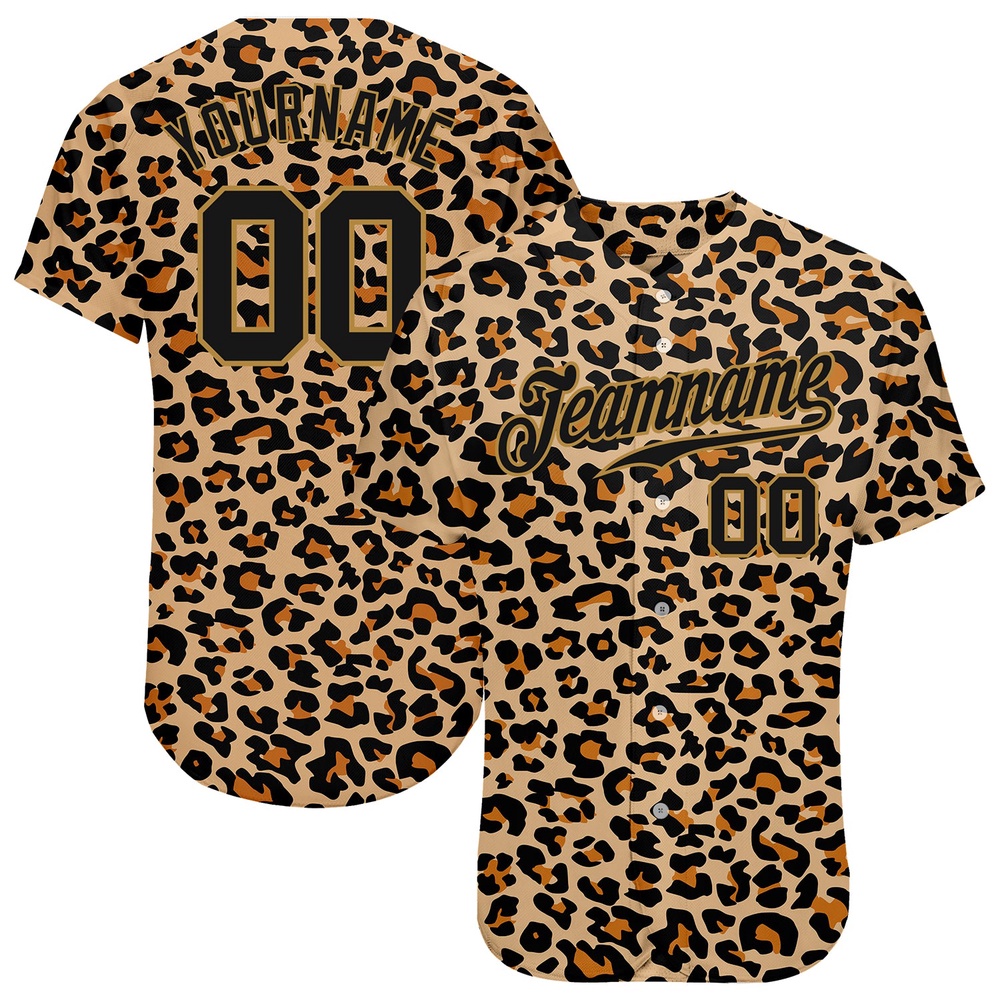 Old Gold Black-Old Gold 3D Pattern Design Leopard Authentic Baseball Jersey, Custom Baseball Jersey, Personalized Sport Jersey