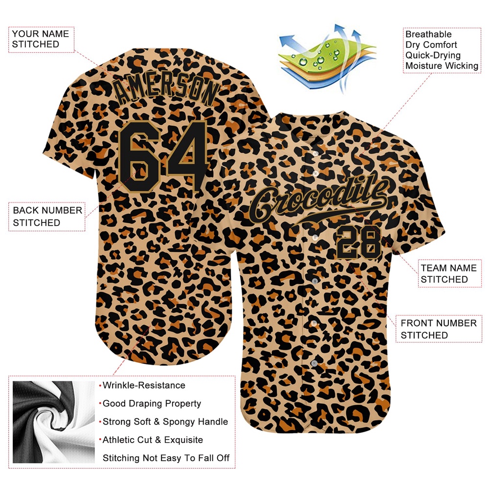 Old Gold Black-Old Gold 3D Pattern Design Leopard Authentic Baseball Jersey, Custom Baseball Jersey, Personalized Sport Jersey