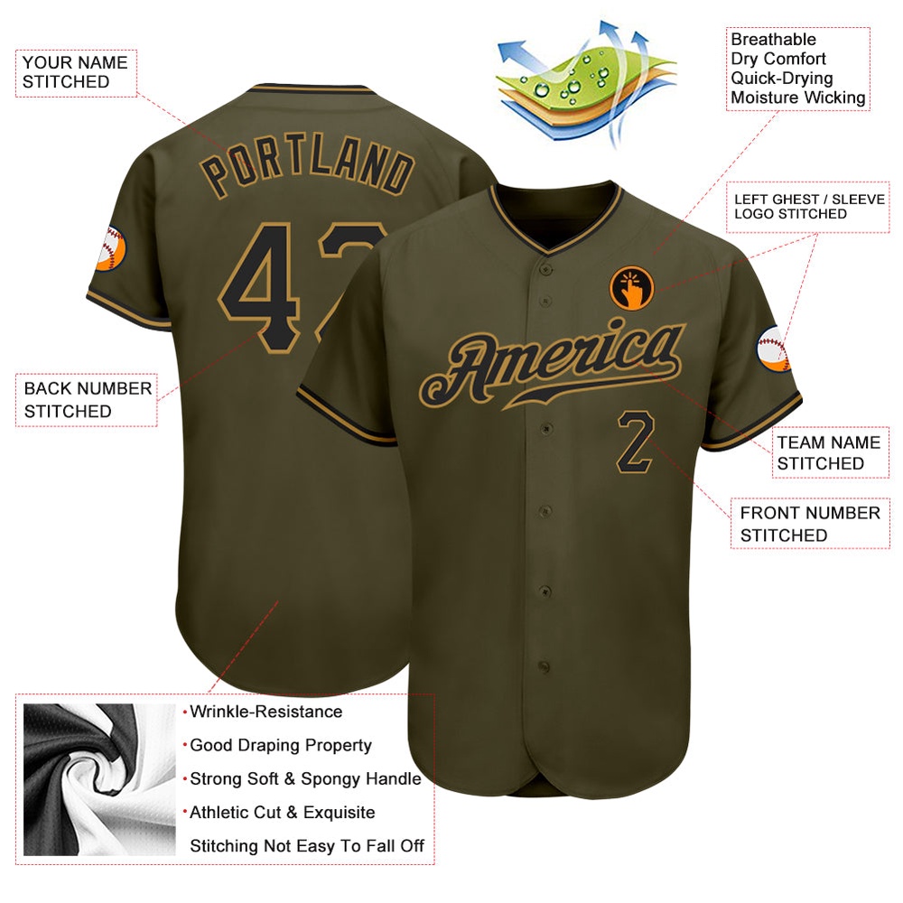 Olive Black-Old Gold Authentic Salute To Service Baseball Jersey, Custom Baseball Jersey, Personalized Sport Jersey