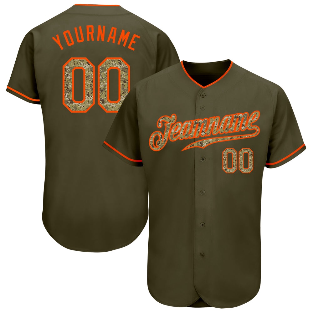 Olive Camo-Orange Authentic Salute To Service Baseball Jersey, Custom Baseball Jersey, Personalized Sport Jersey