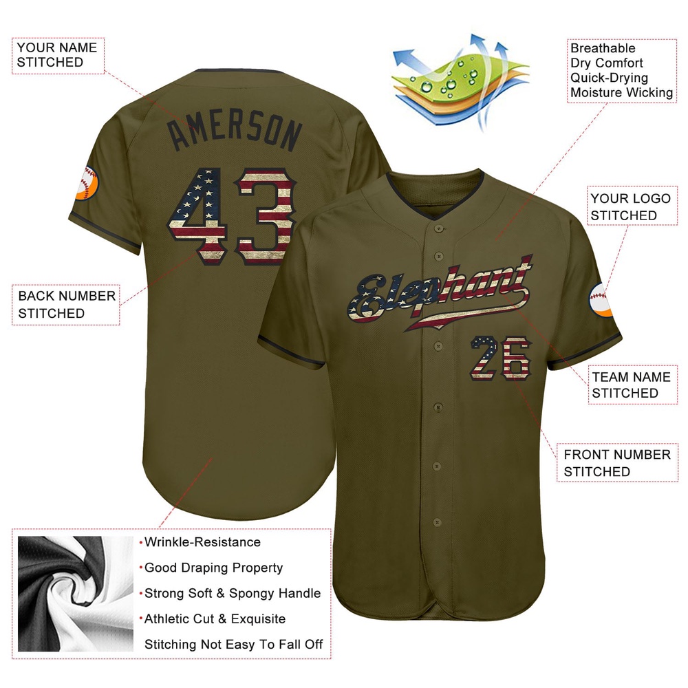 Olive Vintage USA Flag-Black Authentic Salute To Service Baseball Jersey, Custom Baseball Jersey, Personalized Sport Jersey Olive Vintage USA Flag-Black Authentic Salute To Service Baseball Jersey, Custom Baseball Jersey, Personalized Sport Jersey