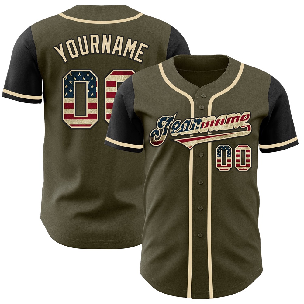 Olive Vintage USA Flag-Black Authentic Two Tone Salute To Service Baseball Jersey, Custom Baseball Jersey, Personalized Sport Jersey Olive Vintage USA Flag-Black Authentic Two Tone Salute To Service Baseball Jersey, Custom Baseball Jersey, Personalized Sport Jersey