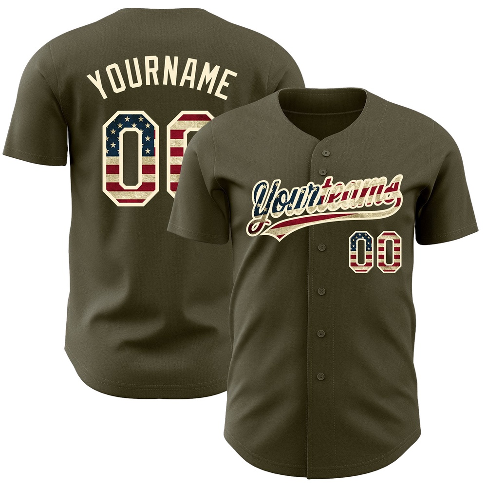 Olive Vintage USA Flag-Cream Authentic Salute To Service Baseball Jersey, Custom Baseball Jersey, Personalized Sport Jersey