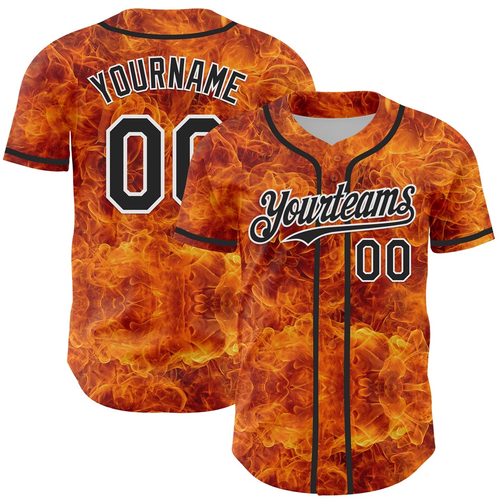 Orange Black-White 3D Pattern Design Rave Flame Authentic Baseball Jersey, Custom Baseball Jersey, Personalized Sport Jersey