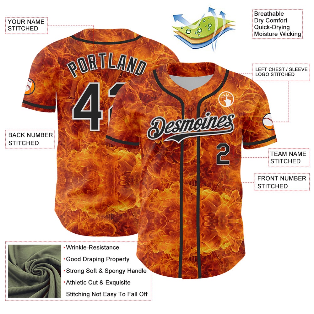 Orange Black-White 3D Pattern Design Rave Flame Authentic Baseball Jersey, Custom Baseball Jersey, Personalized Sport Jersey