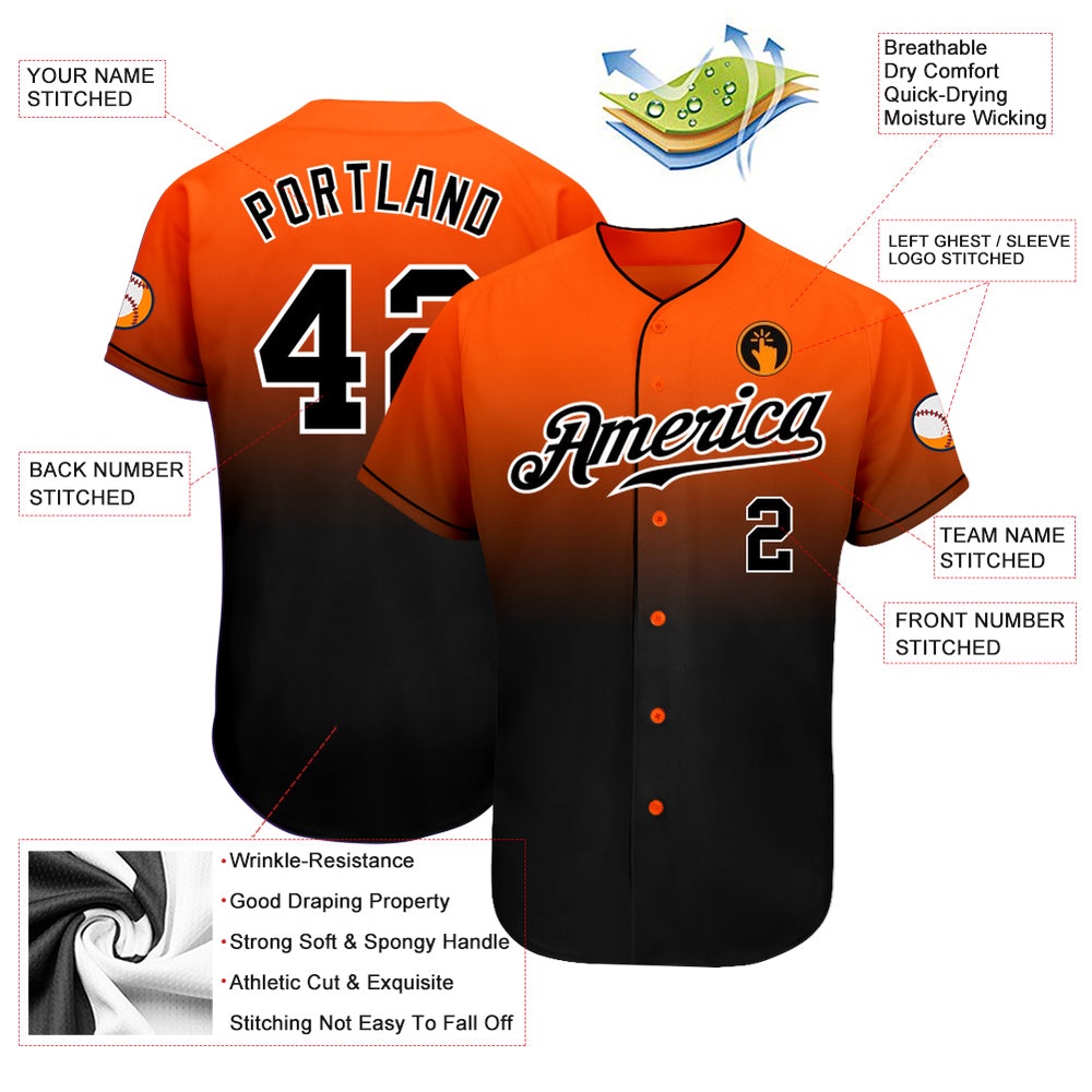 Orange Black-White Authentic Fade Fashion Baseball Jersey, Custom Baseball Jersey, Personalized Sport Jersey