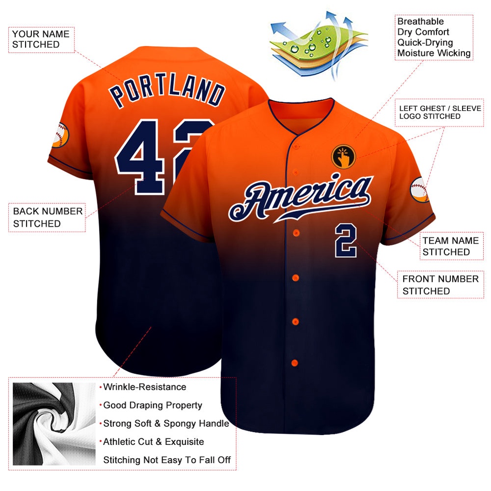 Orange Navy-White Authentic Fade Fashion Baseball Jersey, Custom Baseball Jersey, Personalized Sport Jersey Orange Navy-White Authentic Fade Fashion Baseball Jersey, Custom Baseball Jersey, Personalized Sport Jersey