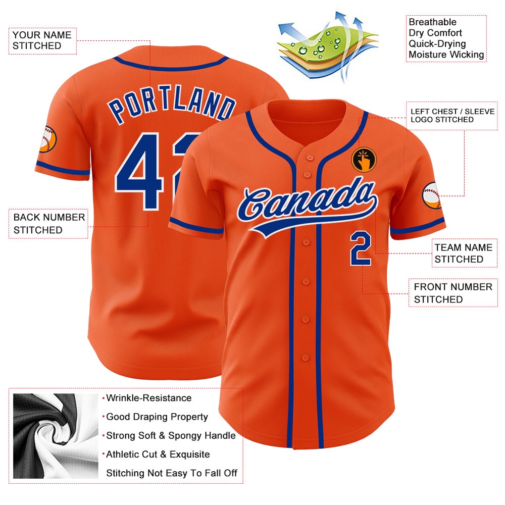 Orange Royal-White Authentic Baseball Jersey, Custom Baseball Jersey, Personalized Sport Jersey
