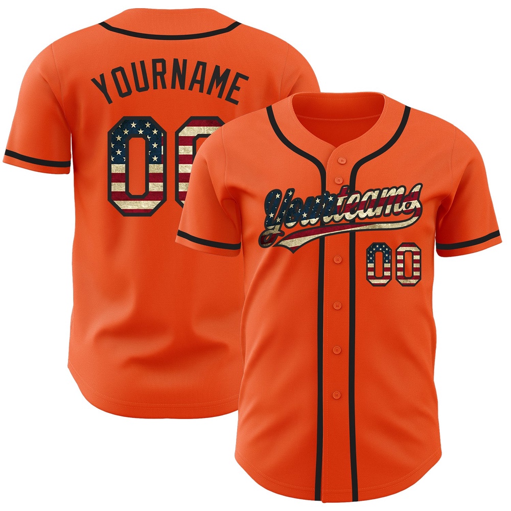 Orange Vintage USA Flag-Black Authentic Baseball Jersey, Custom Baseball Jersey, Personalized Sport Jersey Orange Vintage USA Flag-Black Authentic Baseball Jersey, Custom Baseball Jersey, Personalized Sport Jersey