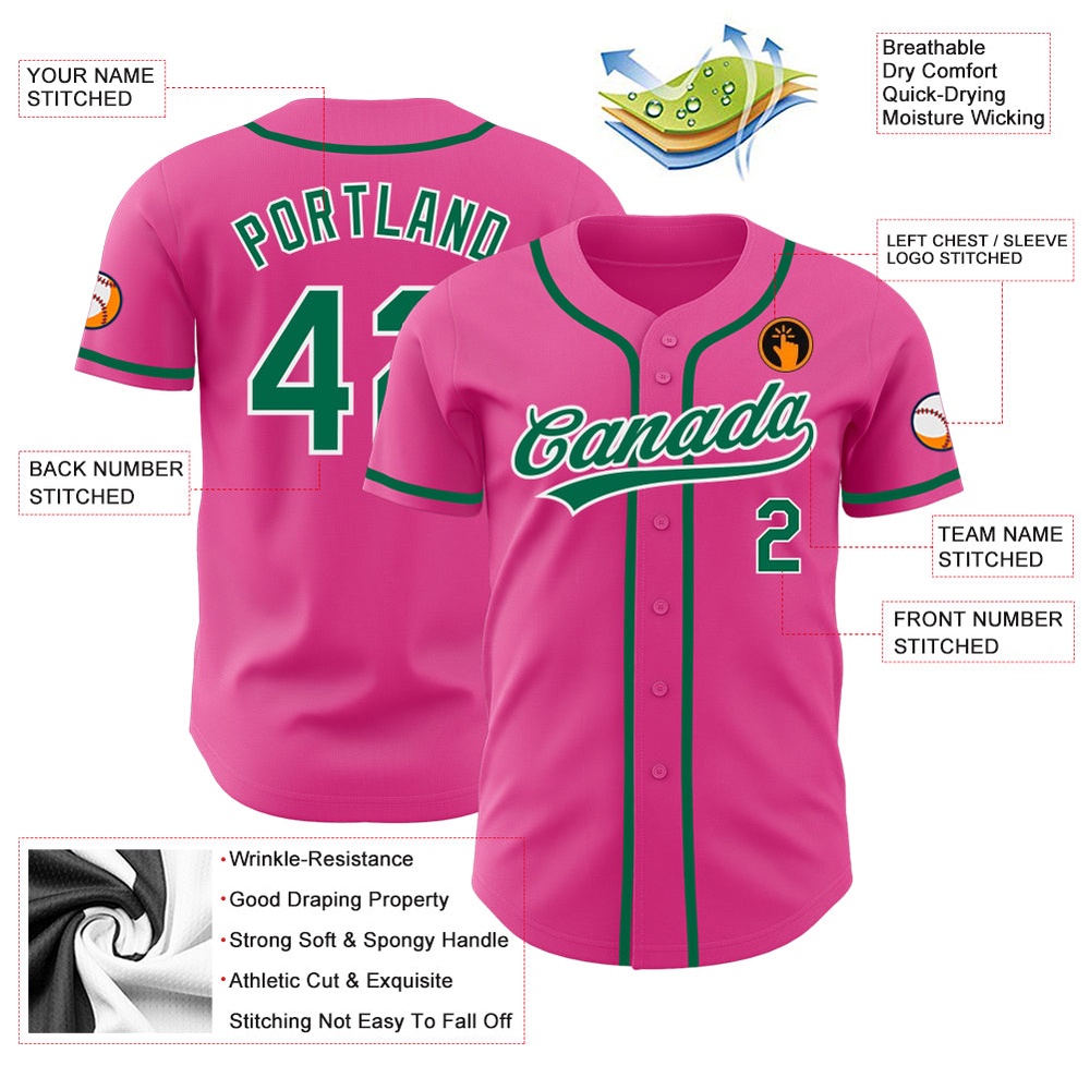 Pink Kelly Green-White Authentic Baseball Jersey, Custom Baseball Jersey, Personalized Sport Jersey Pink Kelly Green-White Authentic Baseball Jersey, Custom Baseball Jersey, Personalized Sport Jersey