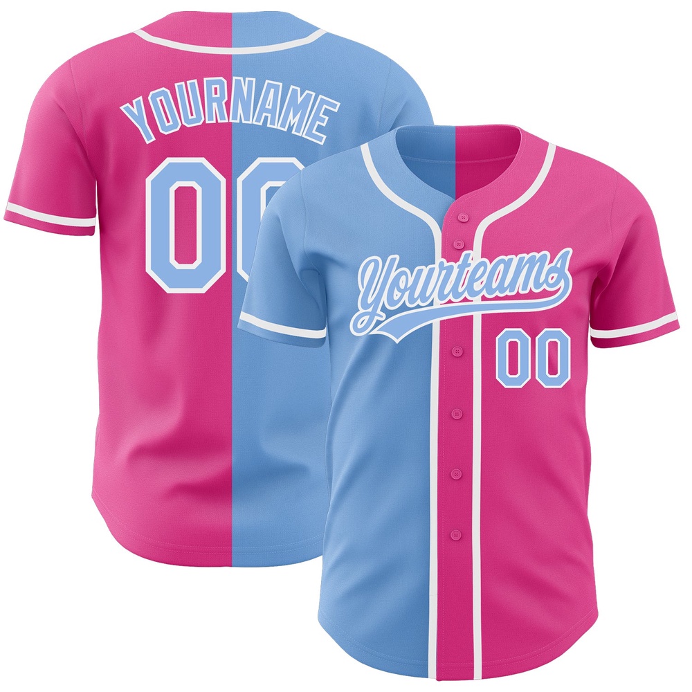 Pink Light Blue-White Authentic Split Fashion Baseball Jersey, Custom Baseball Jersey, Personalized Sport Jersey Pink Light Blue-White Authentic Split Fashion Baseball Jersey, Custom Baseball Jersey, Personalized Sport Jersey