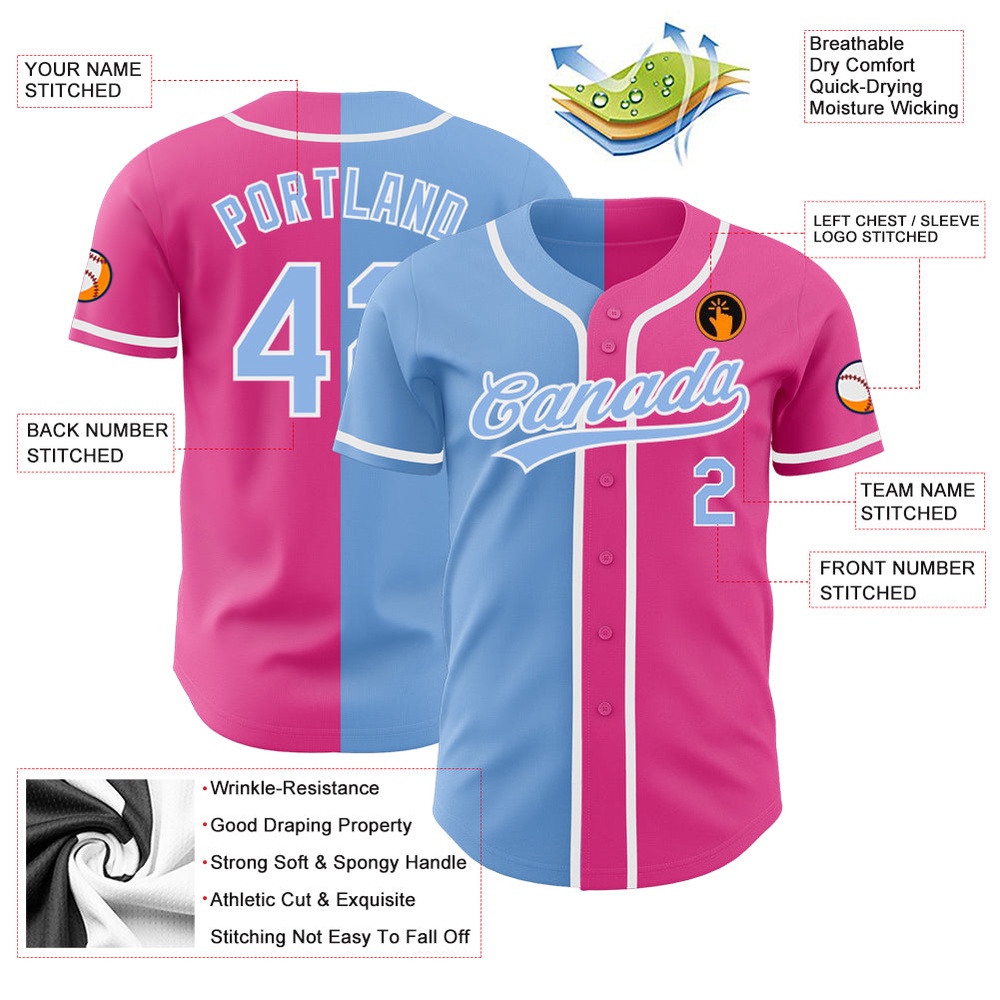 Pink Light Blue-White Authentic Split Fashion Baseball Jersey, Custom Baseball Jersey, Personalized Sport Jersey Pink Light Blue-White Authentic Split Fashion Baseball Jersey, Custom Baseball Jersey, Personalized Sport Jersey