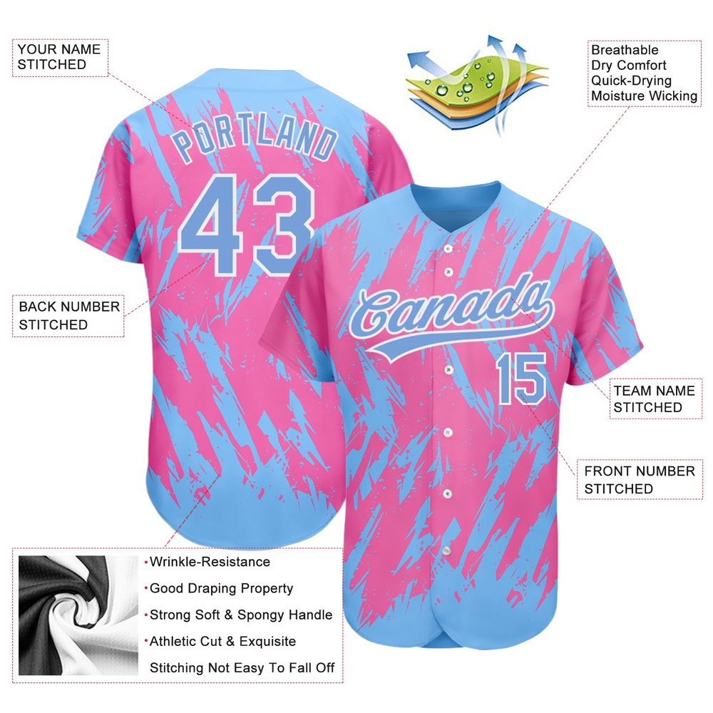 Pink Powder Blue-White 3D Pattern Design Authentic Baseball Jersey, Custom Baseball Jersey, Personalized Sport Jersey Pink Powder Blue-White 3D Pattern Design Authentic Baseball Jersey, Custom Baseball Jersey, Personalized Sport Jersey