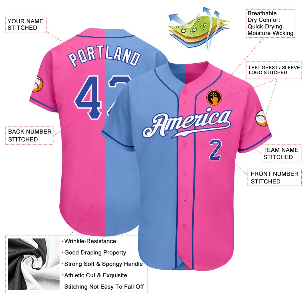 Pink Royal-Light Blue Authentic Split Fashion Baseball Jersey, Custom Baseball Jersey, Personalized Sport Jersey Pink Royal-Light Blue Authentic Split Fashion Baseball Jersey, Custom Baseball Jersey, Personalized Sport Jersey