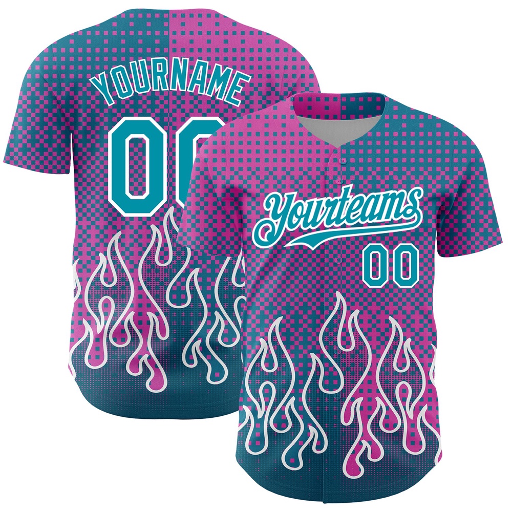 Pink Teal-White 3D Pattern Design Flame Authentic Baseball Jersey, Custom Baseball Jersey, Personalized Sport Jersey Pink Teal-White 3D Pattern Design Flame Authentic Baseball Jersey, Custom Baseball Jersey, Personalized Sport Jersey