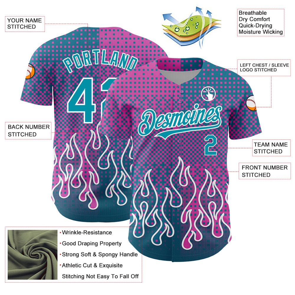 Pink Teal-White 3D Pattern Design Flame Authentic Baseball Jersey, Custom Baseball Jersey, Personalized Sport Jersey Pink Teal-White 3D Pattern Design Flame Authentic Baseball Jersey, Custom Baseball Jersey, Personalized Sport Jersey