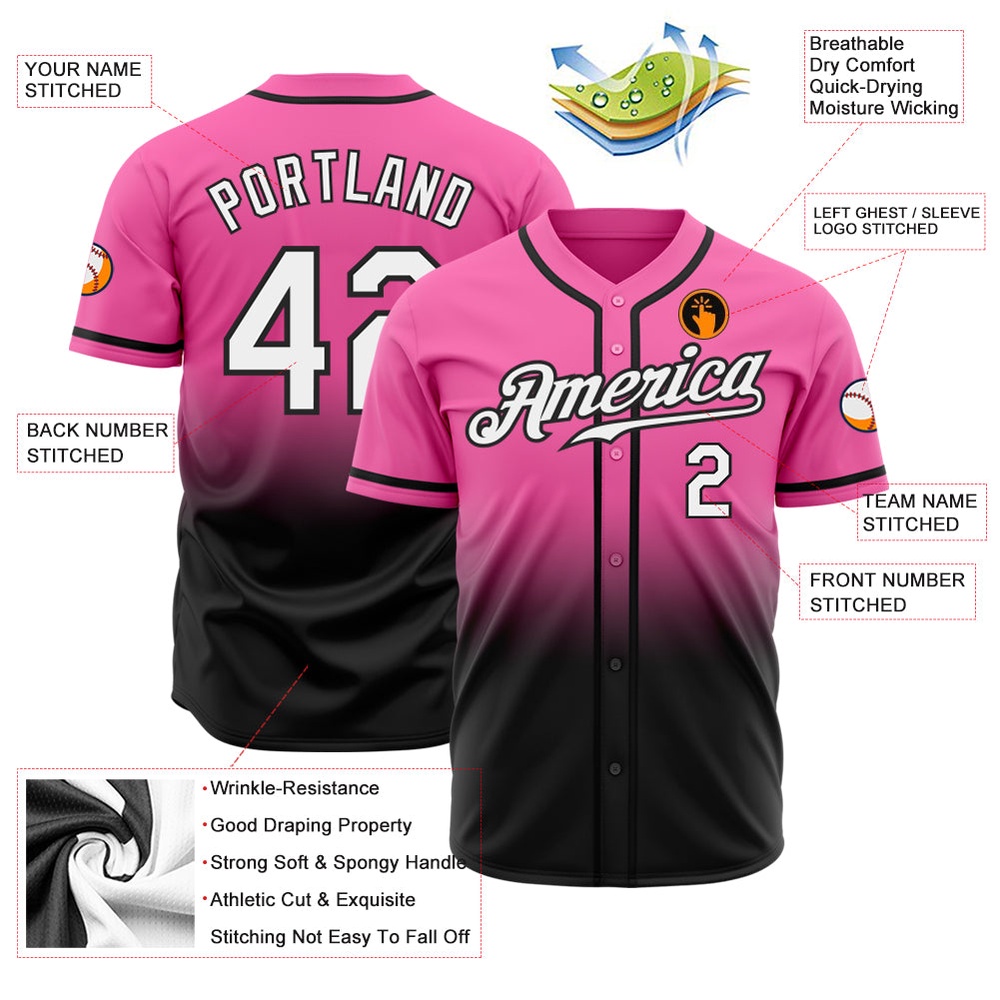 Pink White-Black Authentic Fade Fashion Baseball Jersey, Custom Baseball Jersey, Personalized Sport Jersey Pink White-Black Authentic Fade Fashion Baseball Jersey, Custom Baseball Jersey, Personalized Sport Jersey