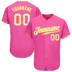 Pink White-Gold Authentic Baseball Jersey, Custom Baseball…