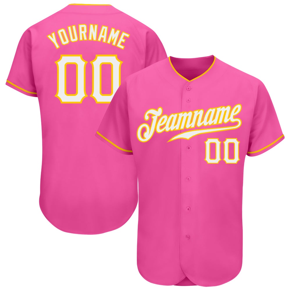 Pink White-Gold Authentic Baseball Jersey, Custom Baseball Jersey, Personalized Sport Jersey Pink White-Gold Authentic Baseball Jersey, Custom Baseball Jersey, Personalized Sport Jersey
