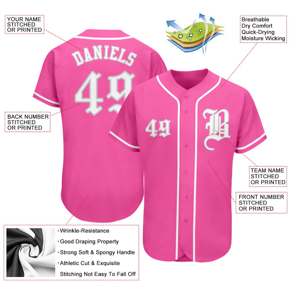 Pink White-Gray Authentic Baseball Jersey, Custom Baseball Jersey, Personalized Sport Jersey Pink White-Gray Authentic Baseball Jersey, Custom Baseball Jersey, Personalized Sport Jersey
