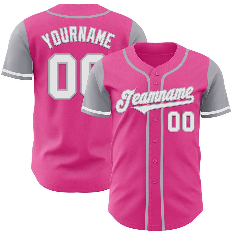 Pink White-Gray Authentic Two Tone Baseball Jersey, Custom Baseball Jersey, Personalized Sport Jersey Pink White-Gray Authentic Two Tone Baseball Jersey, Custom Baseball Jersey, Personalized Sport Jersey