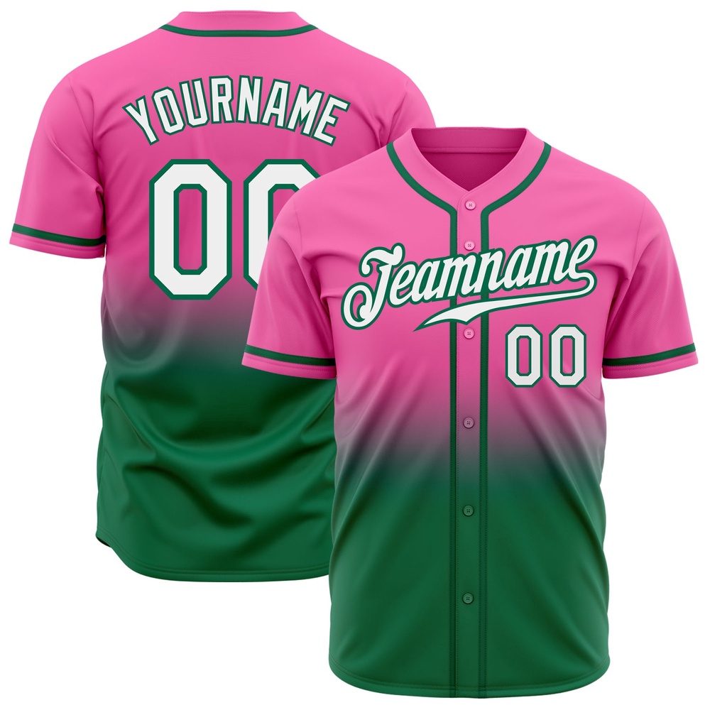 Pink White-Kelly Green Authentic Fade Fashion Baseball Jersey, Custom Baseball Jersey, Personalized Sport Jersey Pink White-Kelly Green Authentic Fade Fashion Baseball Jersey, Custom Baseball Jersey, Personalized Sport Jersey