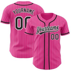 Pink White Pinstripe Black Authentic Baseball Jersey,…