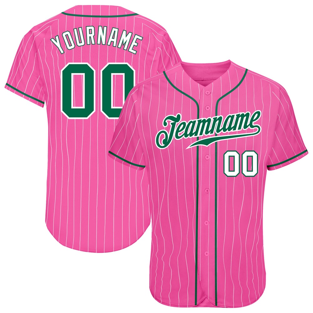Pink White Pinstripe Kelly Green-White Authentic Baseball Jersey, Custom Baseball Jersey, Personalized Sport Jersey Pink White Pinstripe Kelly Green-White Authentic Baseball Jersey, Custom Baseball Jersey, Personalized Sport Jersey