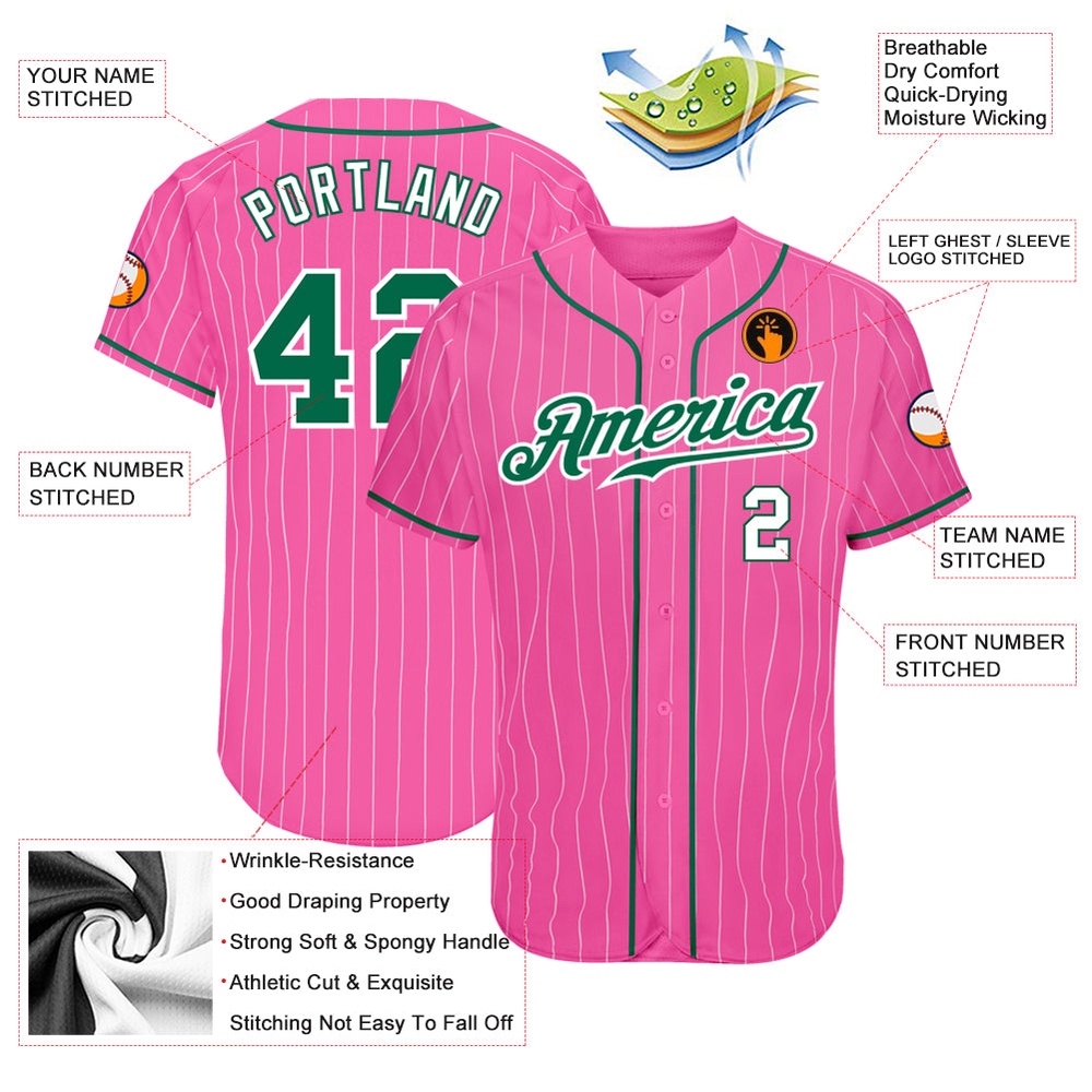 Pink White Pinstripe Kelly Green-White Authentic Baseball Jersey, Custom Baseball Jersey, Personalized Sport Jersey Pink White Pinstripe Kelly Green-White Authentic Baseball Jersey, Custom Baseball Jersey, Personalized Sport Jersey