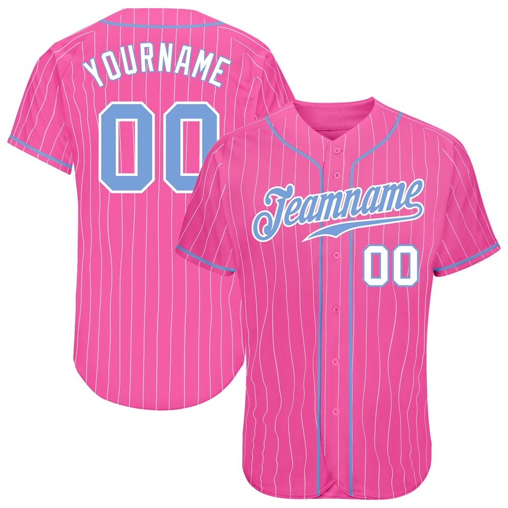 Pink White Pinstripe Light Blue-White Authentic Baseball Jersey, Custom Baseball Jersey, Personalized Sport Jersey Pink White Pinstripe Light Blue-White Authentic Baseball Jersey, Custom Baseball Jersey, Personalized Sport Jersey