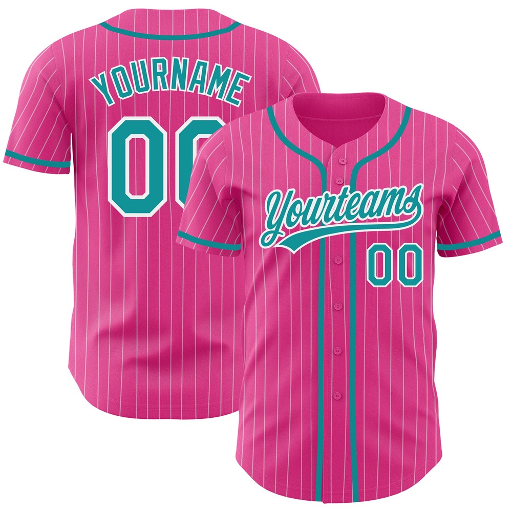 Pink White Pinstripe Teal Authentic Baseball Jersey, Custom Baseball Jersey, Personalized Sport Jersey Pink White Pinstripe Teal Authentic Baseball Jersey, Custom Baseball Jersey, Personalized Sport Jersey