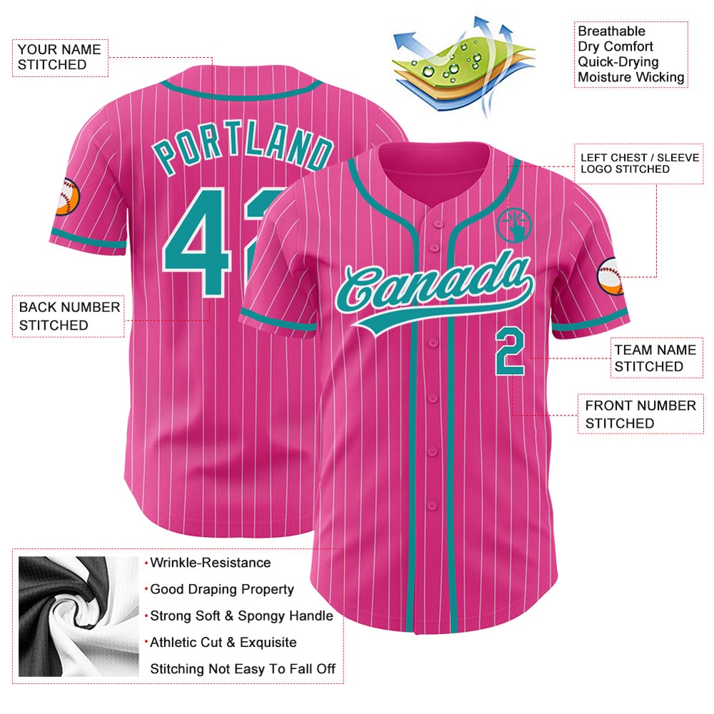 Pink White Pinstripe Teal Authentic Baseball Jersey, Custom Baseball Jersey, Personalized Sport Jersey Pink White Pinstripe Teal Authentic Baseball Jersey, Custom Baseball Jersey, Personalized Sport Jersey
