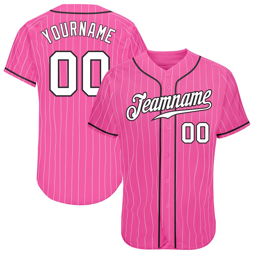 Pink White Pinstripe White-Black Authentic Baseball Jersey, Custom Baseball Jersey, Personalized Sport Jersey Pink White Pinstripe White-Black Authentic Baseball Jersey, Custom Baseball Jersey, Personalized Sport Jersey