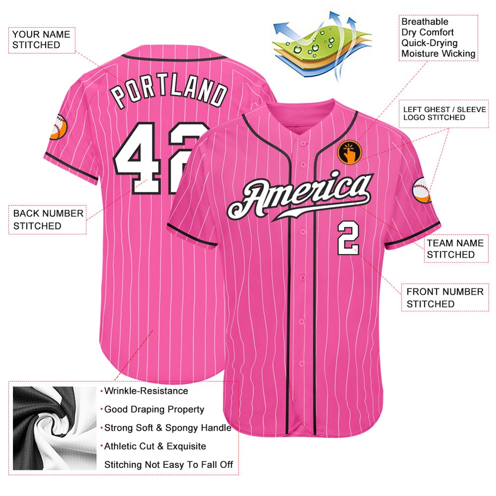 Pink White Pinstripe White-Black Authentic Baseball Jersey, Custom Baseball Jersey, Personalized Sport Jersey Pink White Pinstripe White-Black Authentic Baseball Jersey, Custom Baseball Jersey, Personalized Sport Jersey