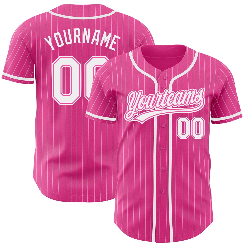 Pink White Pinstripe White Authentic Baseball Jersey, Custom Baseball Jersey, Personalized Sport Jersey Pink White Pinstripe White Authentic Baseball Jersey, Custom Baseball Jersey, Personalized Sport Jersey
