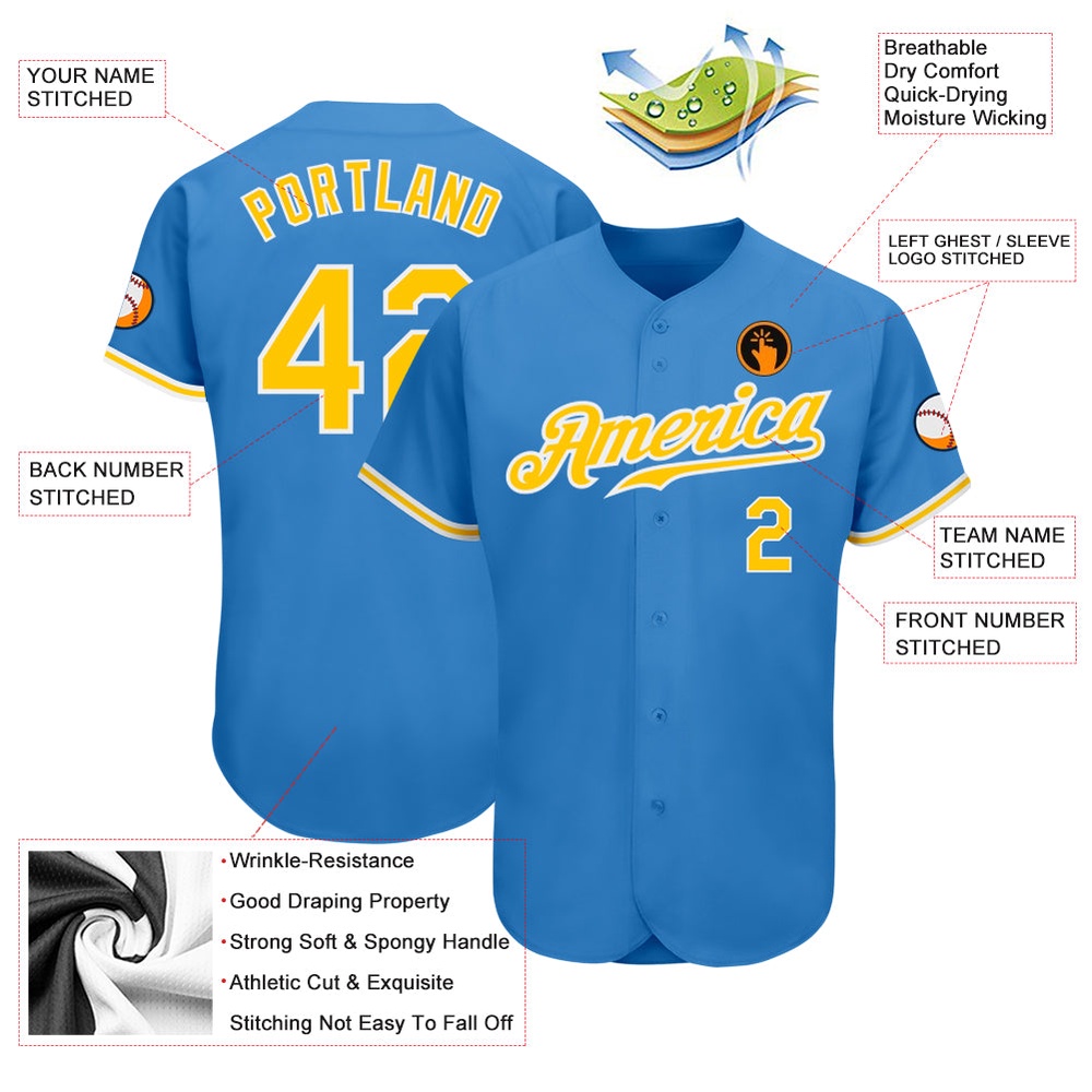 Powder Blue Gold-White Authentic Baseball Jersey, Custom Baseball Jersey, Personalized Sport Jersey Powder Blue Gold-White Authentic Baseball Jersey, Custom Baseball Jersey, Personalized Sport Jersey