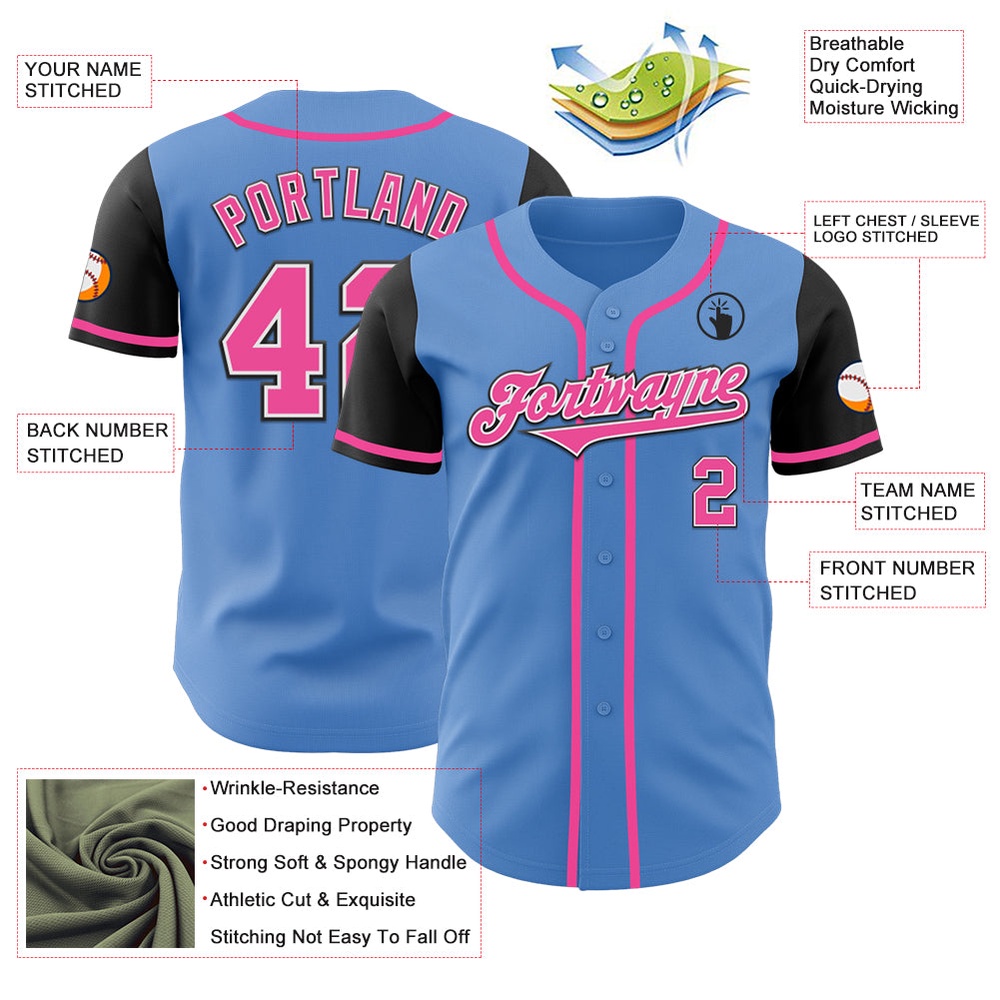 Powder Blue Pink-Black Authentic Two Tone Baseball Jersey, Custom Baseball Jersey, Personalized Sport Jersey Powder Blue Pink-Black Authentic Two Tone Baseball Jersey, Custom Baseball Jersey, Personalized Sport Jersey