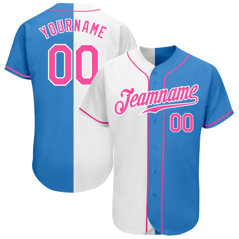 Powder Blue Pink-White Authentic Split Fashion Baseball Jersey, Custom Baseball Jersey, Personalized Sport Jersey Powder Blue Pink-White Authentic Split Fashion Baseball Jersey, Custom Baseball Jersey, Personalized Sport Jersey