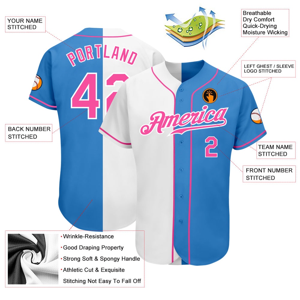 Powder Blue Pink-White Authentic Split Fashion Baseball Jersey, Custom Baseball Jersey, Personalized Sport Jersey Powder Blue Pink-White Authentic Split Fashion Baseball Jersey, Custom Baseball Jersey, Personalized Sport Jersey