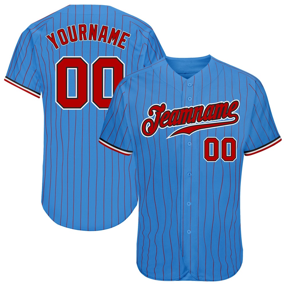 Powder Blue Red Pinstripe Red-Black Authentic Baseball Jersey, Custom Baseball Jersey, Personalized Sport Jersey Powder Blue Red Pinstripe Red-Black Authentic Baseball Jersey, Custom Baseball Jersey, Personalized Sport Jersey