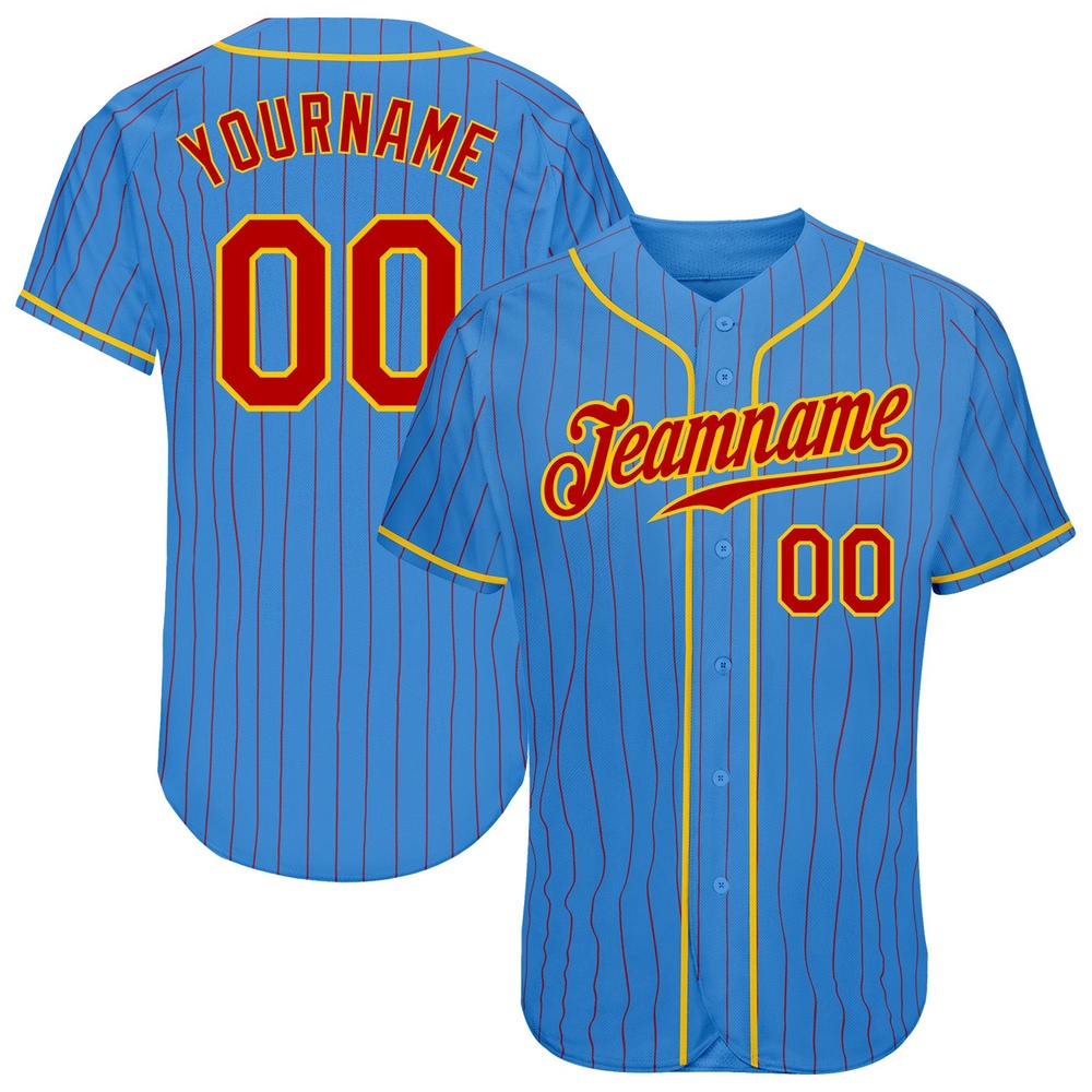 Powder Blue Red Pinstripe Red-Gold Authentic Baseball Jersey, Custom Baseball Jersey, Personalized Sport Jersey Powder Blue Red Pinstripe Red-Gold Authentic Baseball Jersey, Custom Baseball Jersey, Personalized Sport Jersey