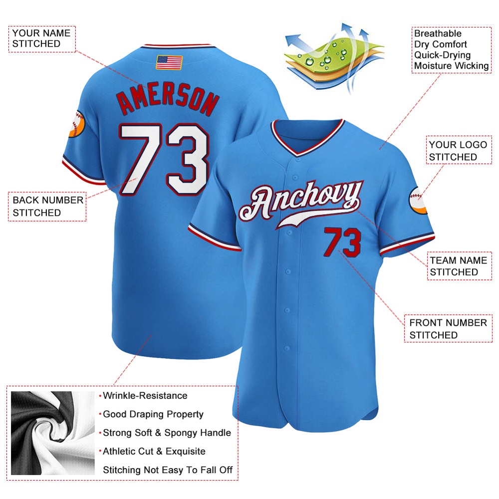 Powder Blue White-Red Authentic American Flag Fashion Baseball Jersey, Custom Baseball Jersey, Personalized Sport Jersey Powder Blue White-Red Authentic American Flag Fashion Baseball Jersey, Custom Baseball Jersey, Personalized Sport Jersey