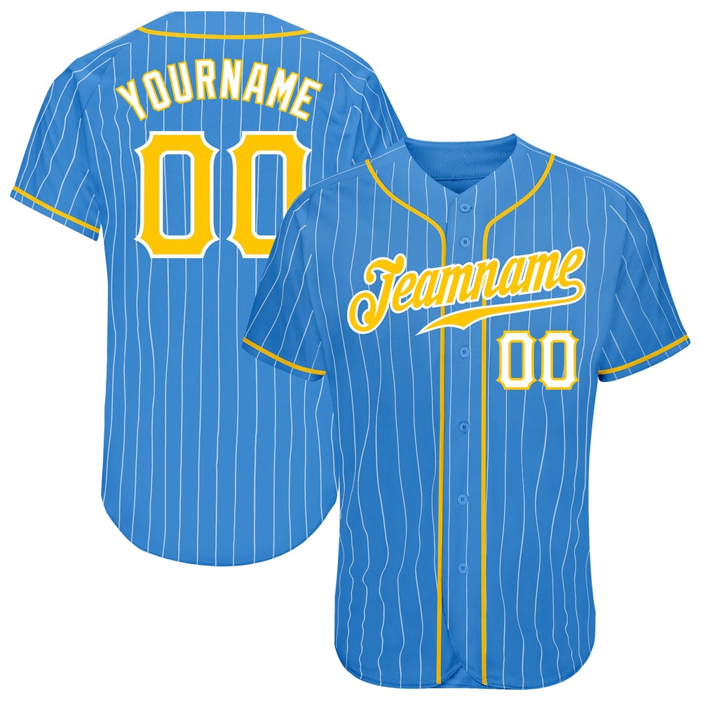 Powder Blue White Pinstripe Gold-White Authentic Baseball Jersey, Custom Baseball Jersey, Personalized Sport Jersey Powder Blue White Pinstripe Gold-White Authentic Baseball Jersey, Custom Baseball Jersey, Personalized Sport Jersey