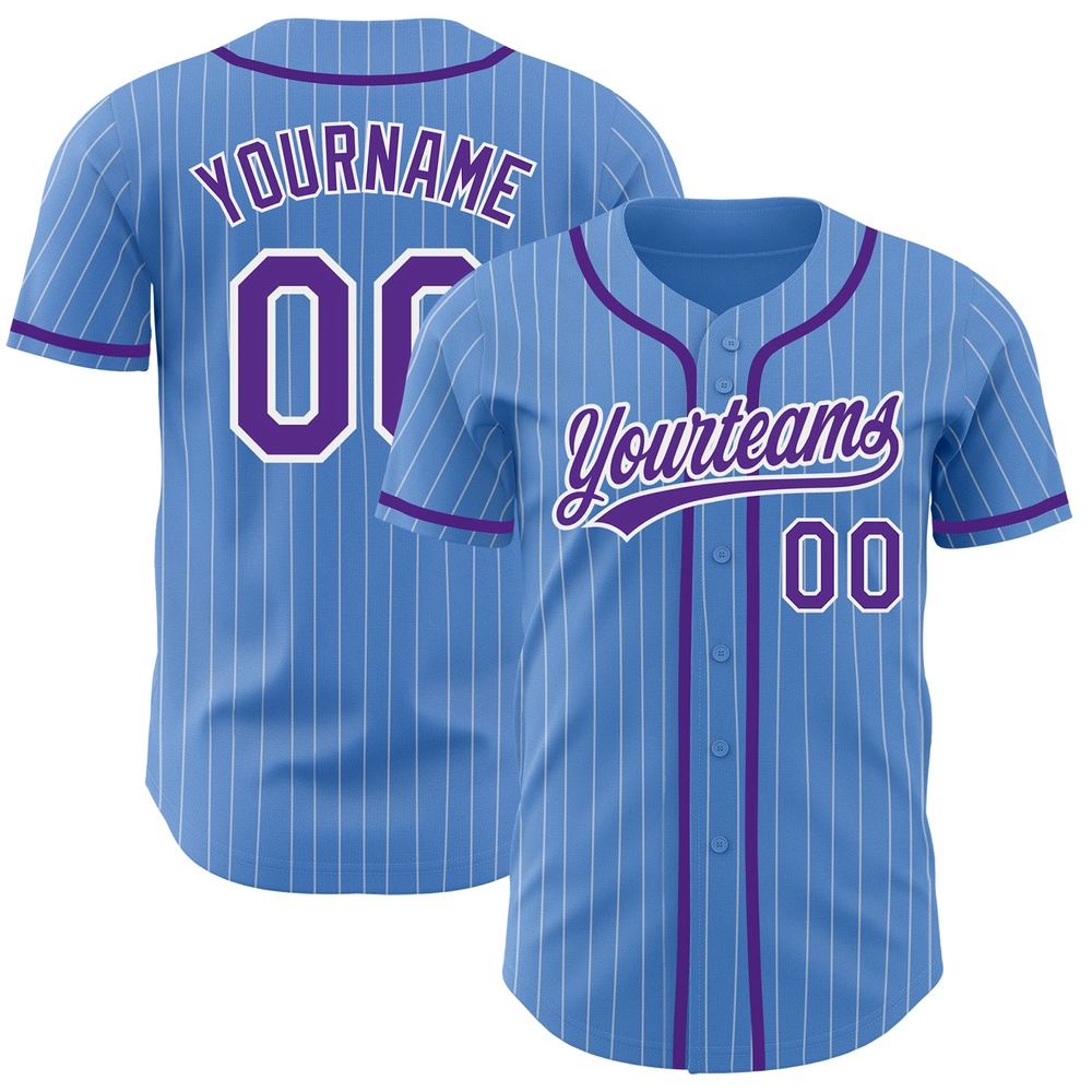 Powder Blue White Pinstripe Purple Authentic Baseball Jersey, Custom Baseball Jersey, Personalized Sport Jersey Powder Blue White Pinstripe Purple Authentic Baseball Jersey, Custom Baseball Jersey, Personalized Sport Jersey