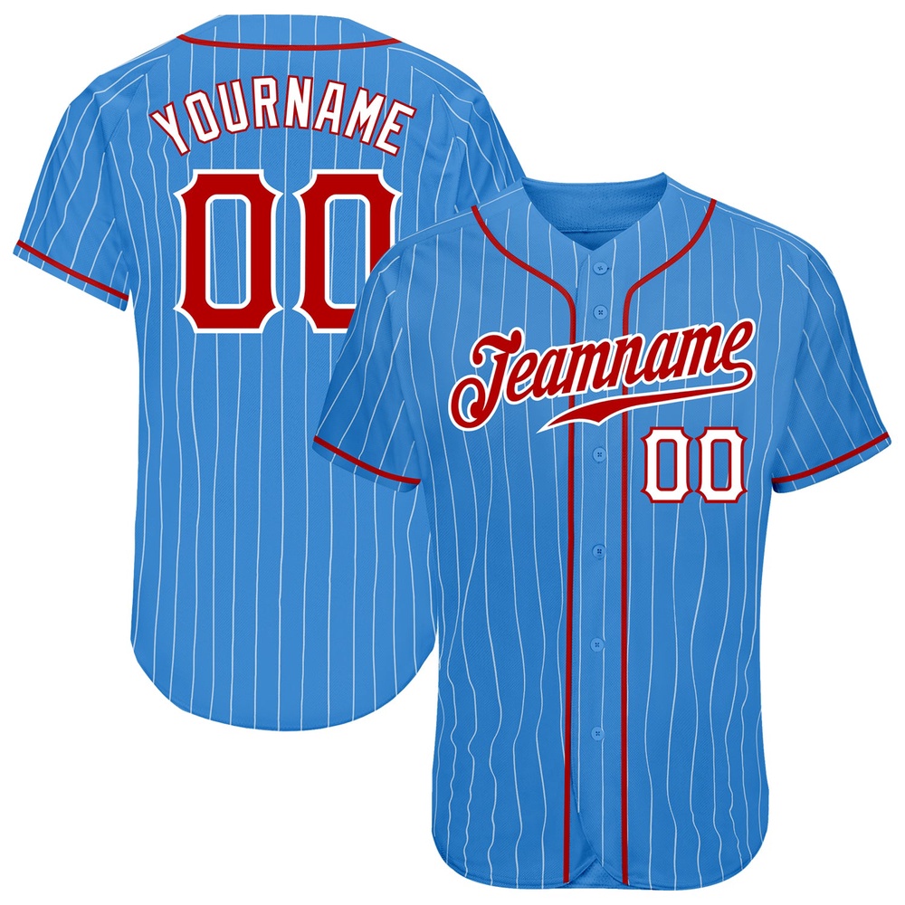 Powder Blue White Pinstripe Red-White Authentic Baseball Jersey, Custom Baseball Jersey, Personalized Sport Jersey Powder Blue White Pinstripe Red-White Authentic Baseball Jersey, Custom Baseball Jersey, Personalized Sport Jersey