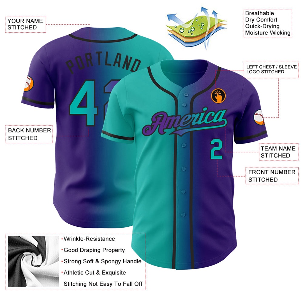 Purple Aqua-Black Authentic Gradient Fashion Baseball Jersey, Custom Baseball Jersey, Personalized Sport Jersey Purple Aqua-Black Authentic Gradient Fashion Baseball Jersey, Custom Baseball Jersey, Personalized Sport Jersey