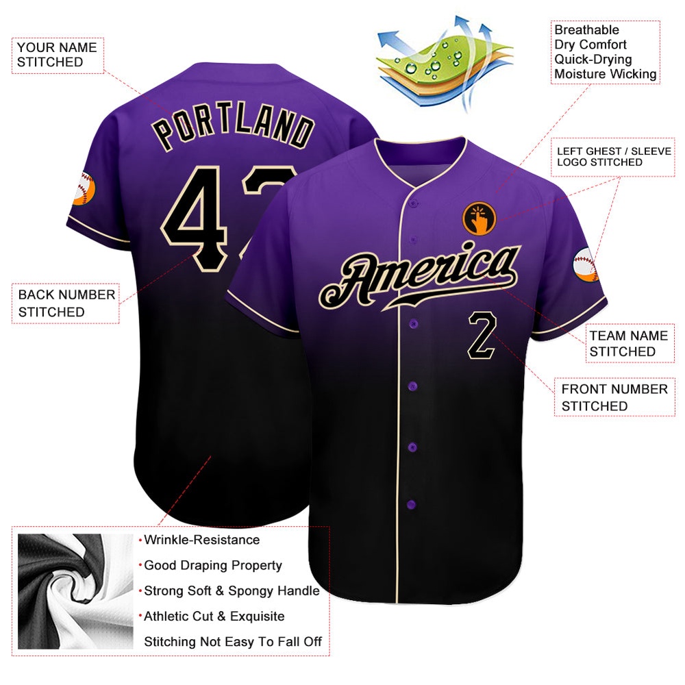 Purple Black-Cream Authentic Fade Fashion Baseball Jersey, Custom Baseball Jersey, Personalized Sport Jersey Purple Black-Cream Authentic Fade Fashion Baseball Jersey, Custom Baseball Jersey, Personalized Sport Jersey
