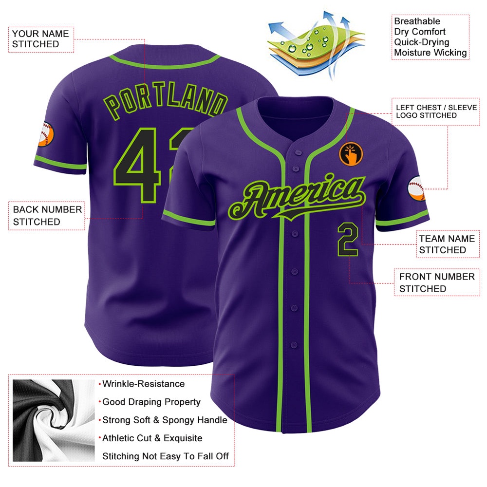 Purple Black-Neon Green Authentic Baseball Jersey, Custom Baseball Jersey, Personalized Sport Jersey Purple Black-Neon Green Authentic Baseball Jersey, Custom Baseball Jersey, Personalized Sport Jersey